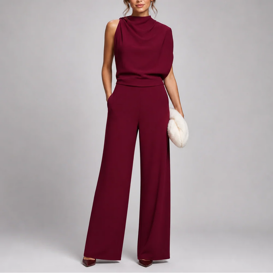 Woman wearing a burgundy sleeveless wide-leg jumpsuit