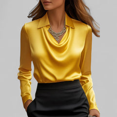 Women's satin blouse with draped cowl neckline and collar – Yellow