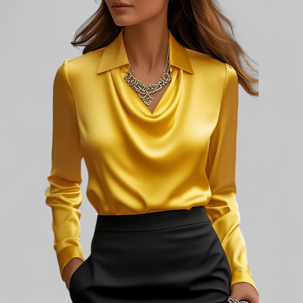 Women's satin blouse with draped cowl neckline and collar – Yellow