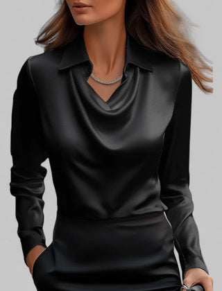 Women's satin blouse with draped cowl neckline and collar – Black