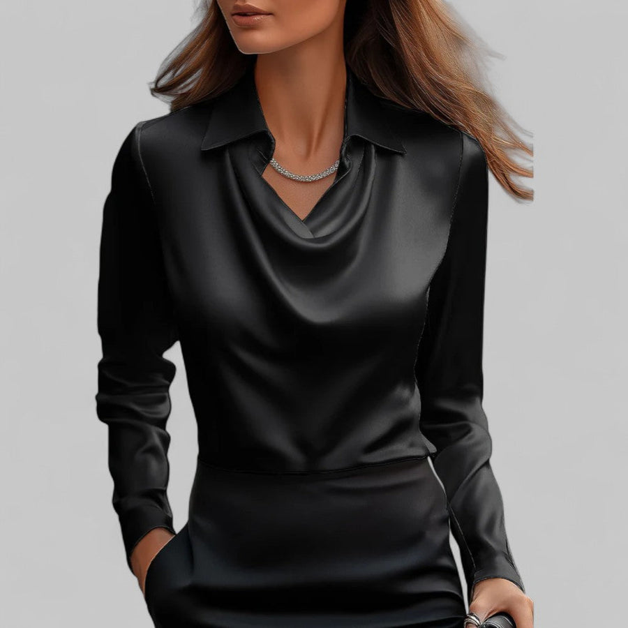 Women's satin blouse with draped cowl neckline and collar – Black