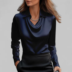 Women's satin blouse with draped cowl neckline and collar – Navy Blue