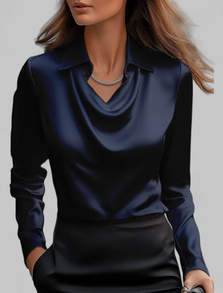 Women's satin blouse with draped cowl neckline and collar – Navy Blue