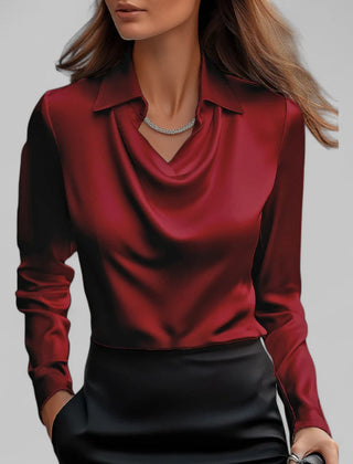 Women's satin blouse with draped cowl neckline and collar – Maroon