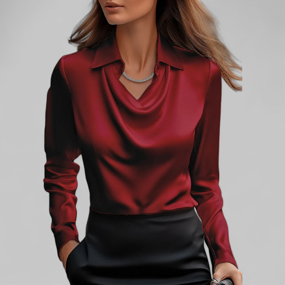 Women's satin blouse with draped cowl neckline and collar – Maroon