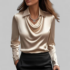 Women's satin blouse with draped cowl neckline and collar – Gold