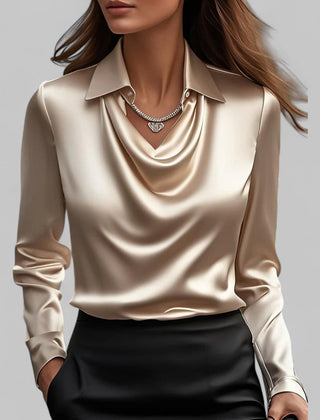 Women's satin blouse with draped cowl neckline and collar – Gold
