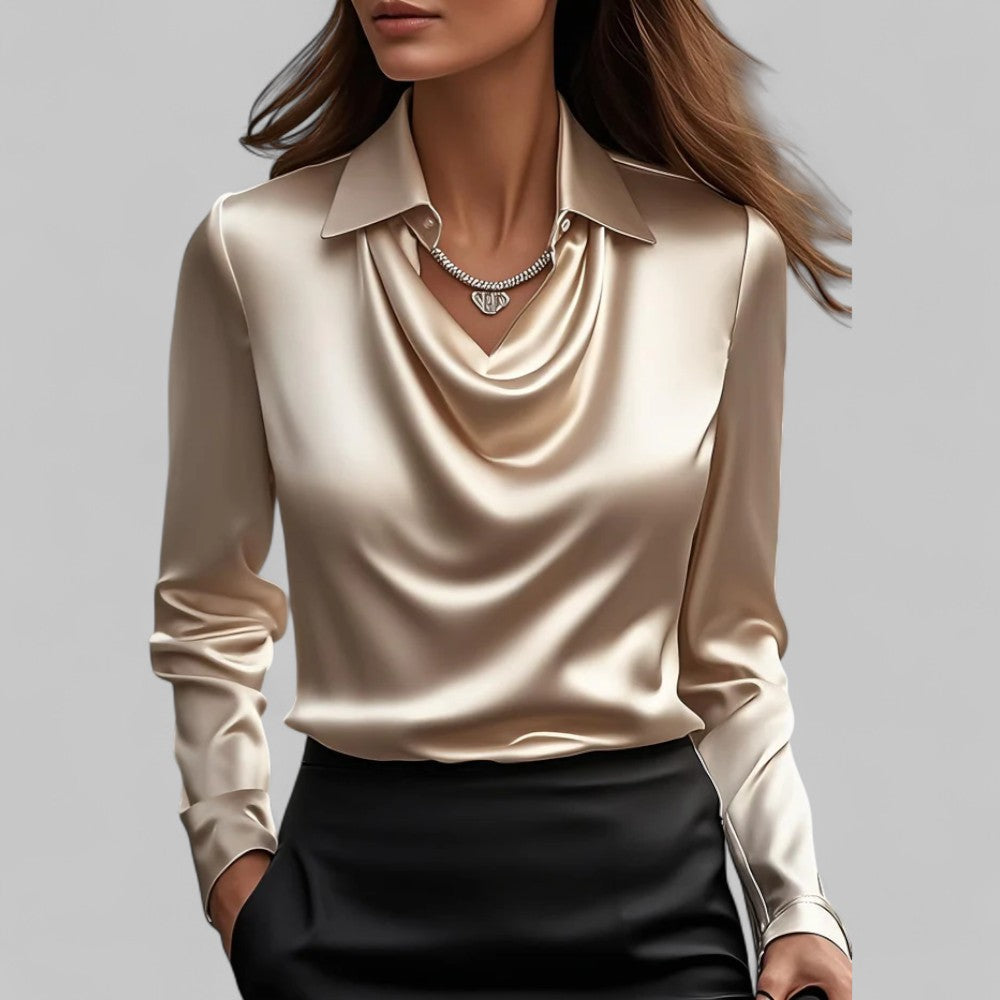 Women's satin blouse with draped cowl neckline and collar – Gold