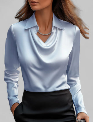 Women's satin blouse with draped cowl neckline and collar – Light Blue