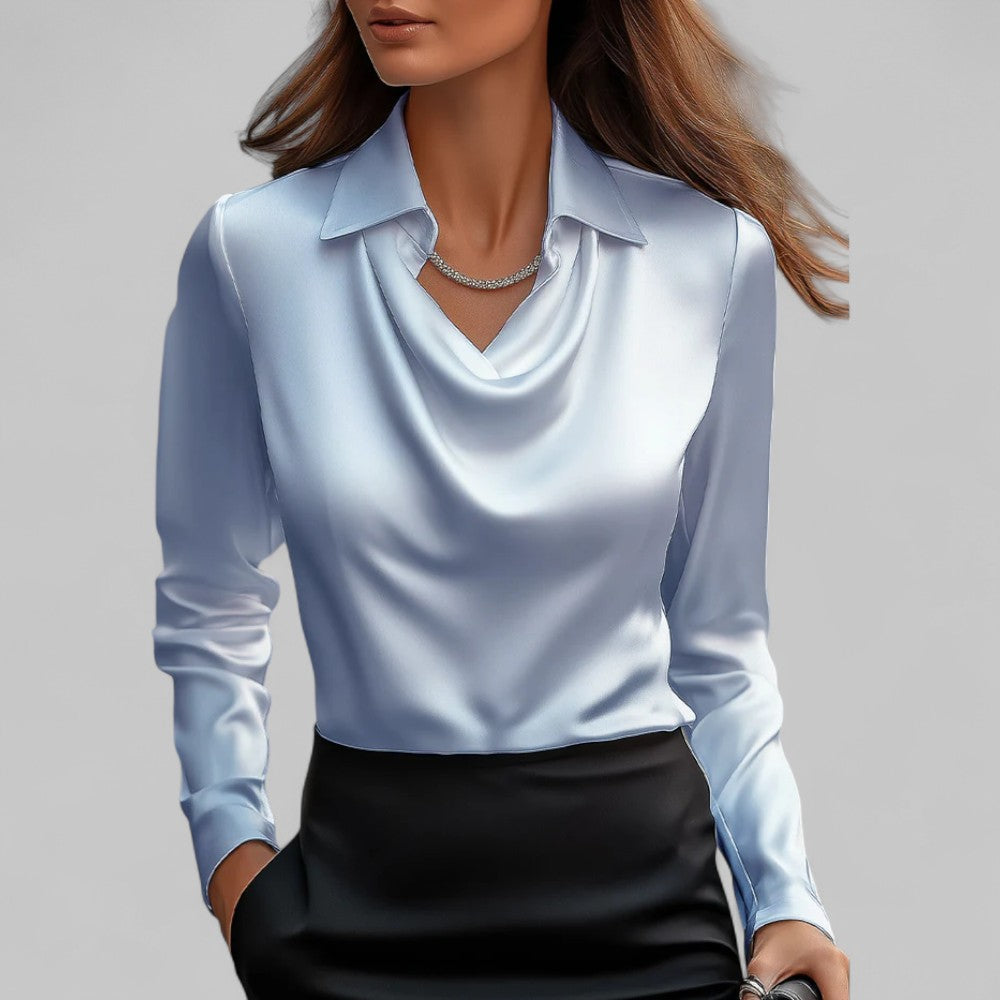 Women's satin blouse with draped cowl neckline and collar – Light Blue
