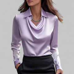 Women's satin blouse with draped cowl neckline and collar – Purple