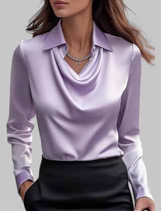 Women's satin blouse with draped cowl neckline and collar – Purple