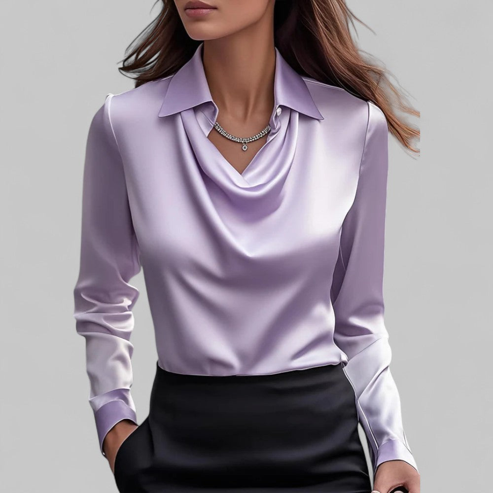 Women's satin blouse with draped cowl neckline and collar – Purple