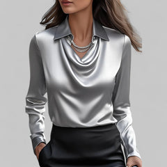 Women's satin blouse with draped cowl neckline and collar – Grey