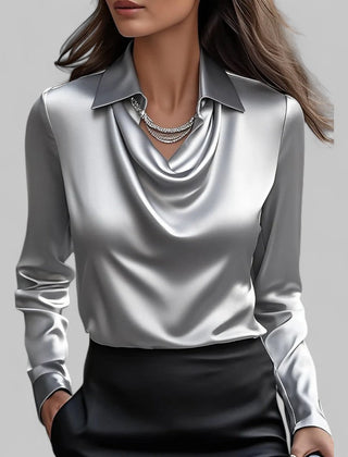Women's satin blouse with draped cowl neckline and collar – Grey