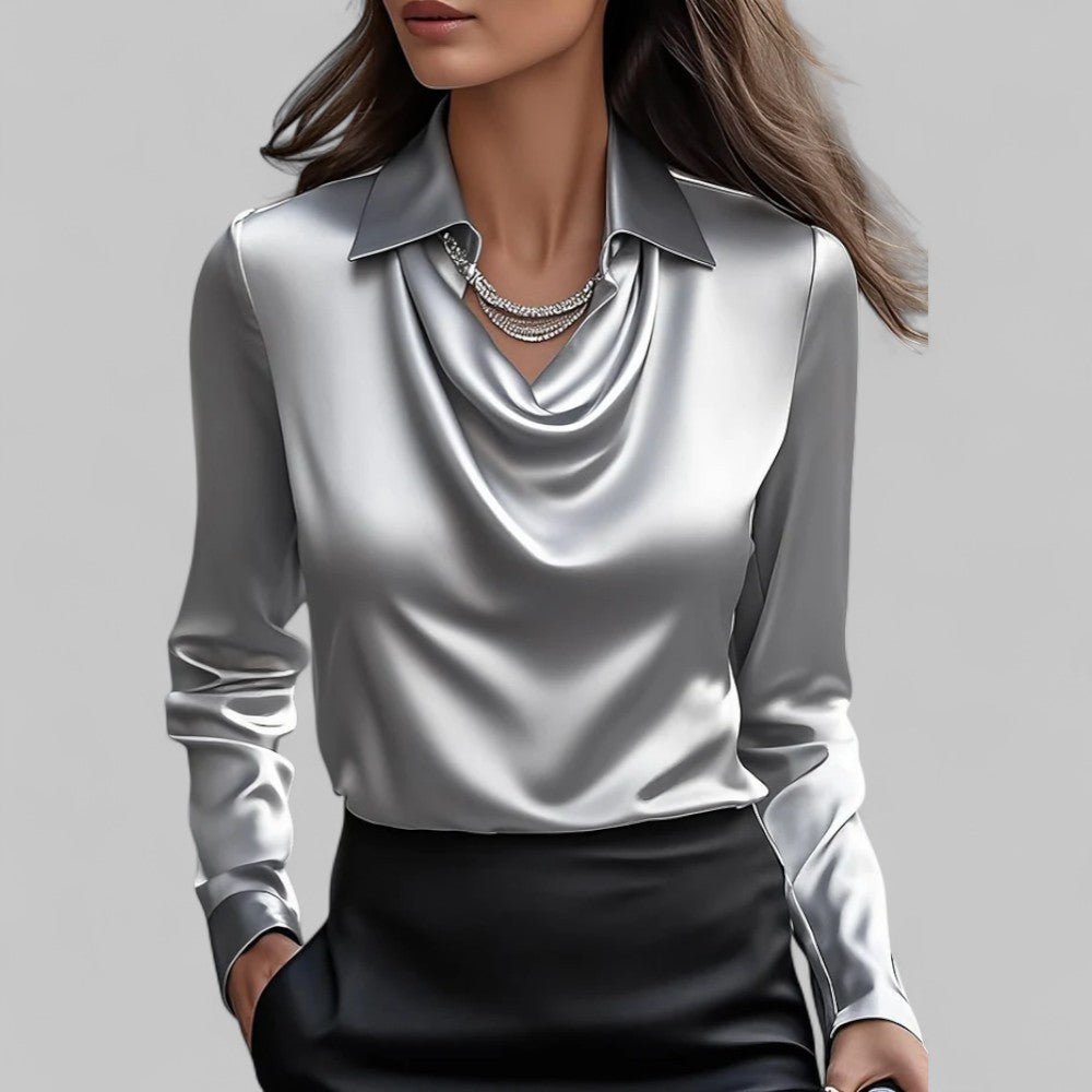 Women's satin blouse with draped cowl neckline and collar – Grey