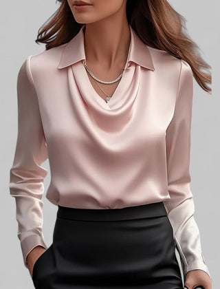 Women's satin blouse with draped cowl neckline and collar – Pink