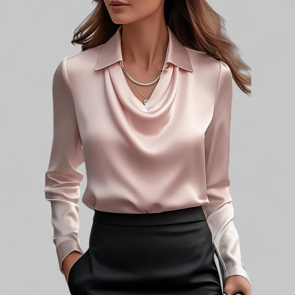 Women's satin blouse with draped cowl neckline and collar – Pink