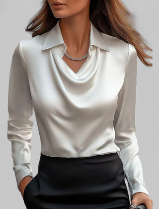 Women's satin blouse with draped cowl neckline and collar – White