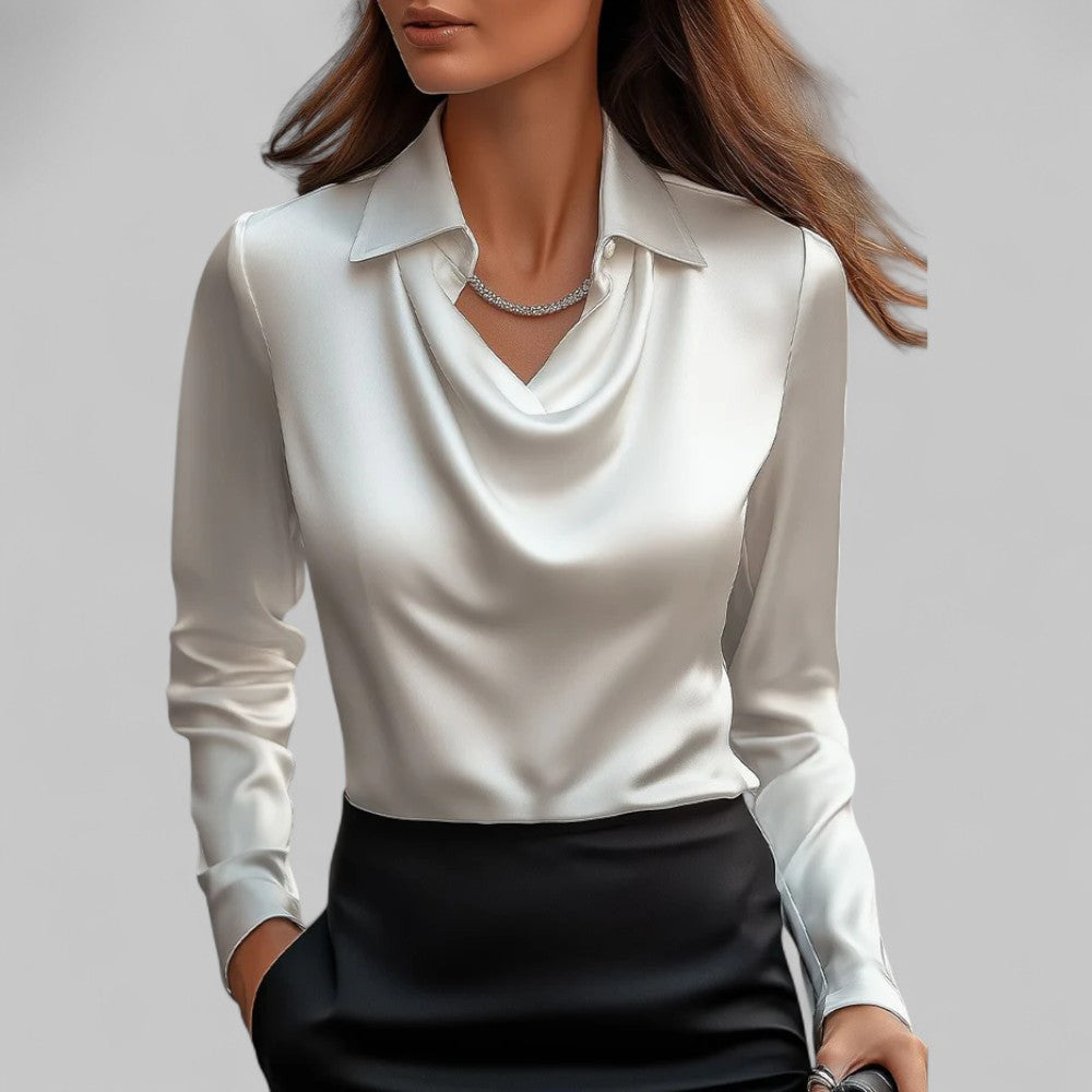 Women's satin blouse with draped cowl neckline and collar – White