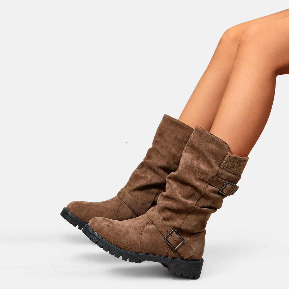 Brown slouch mid calf boots with chunky lug sole