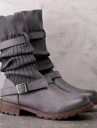 Grey slouch mid calf boots with knit cuff and double buckle
