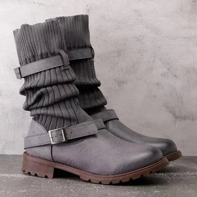 Grey slouch mid calf boots with knit cuff and double buckle