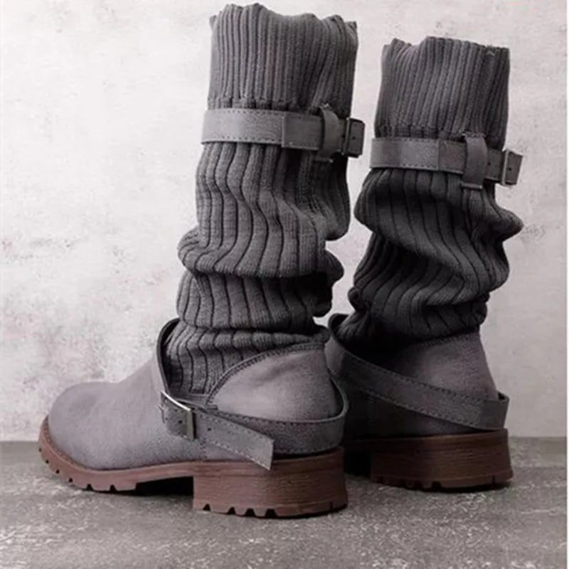 Grey slouch mid calf boots, side view