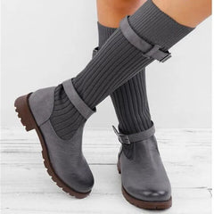 Slouch mid calf boots with double buckle, detail