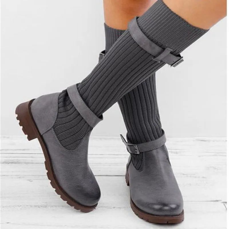 Slouch mid calf boots with double buckle, detail
