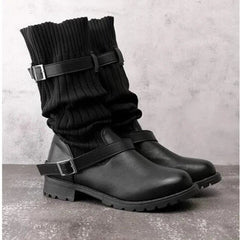 Black slouch mid calf boots with knit cuff and double buckle