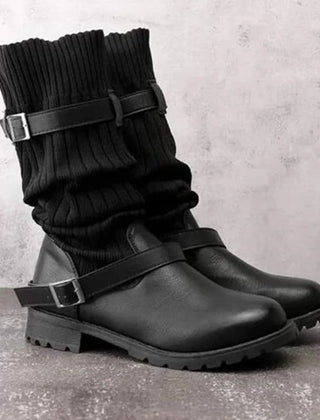 Black slouch mid calf boots with knit cuff and double buckle