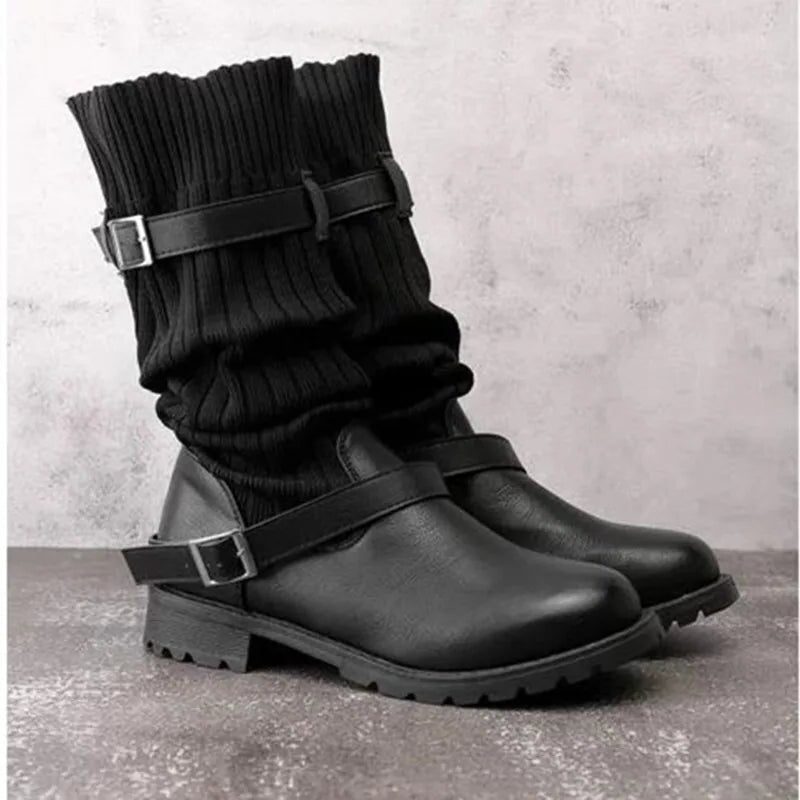 Black slouch mid calf boots with knit cuff and double buckle