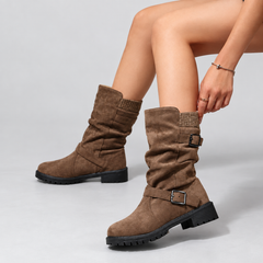 Brown slouch mid calf boots with double buckle straps