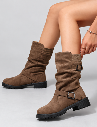 Brown slouch mid calf boots with double buckle straps