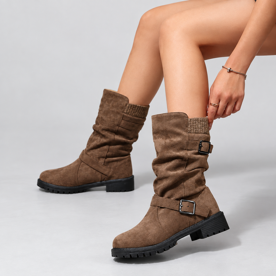 Brown slouch mid calf boots with double buckle straps