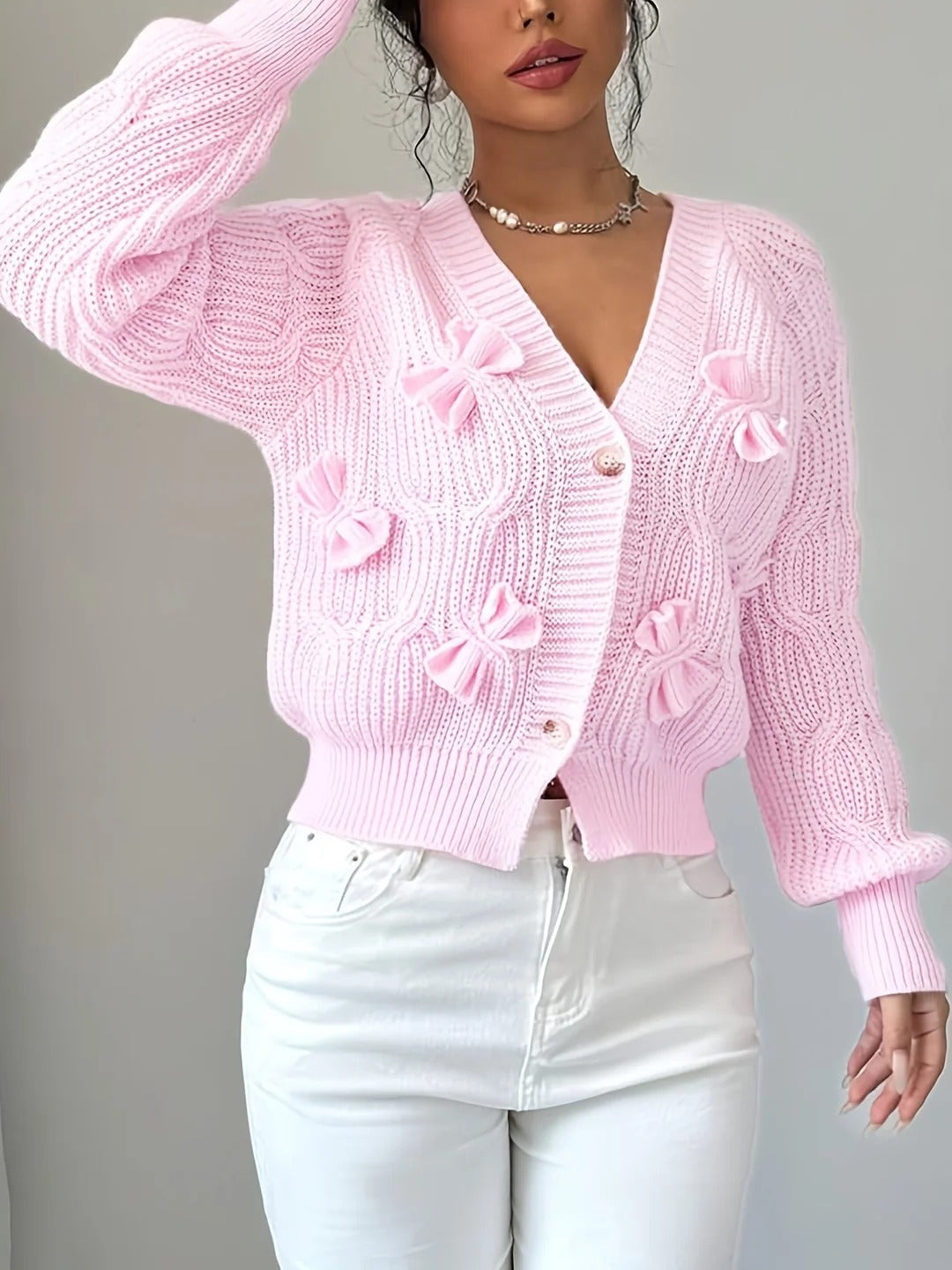 Women's Soft Bow-Detail Long Sleeve Cardigan Cable-Knit