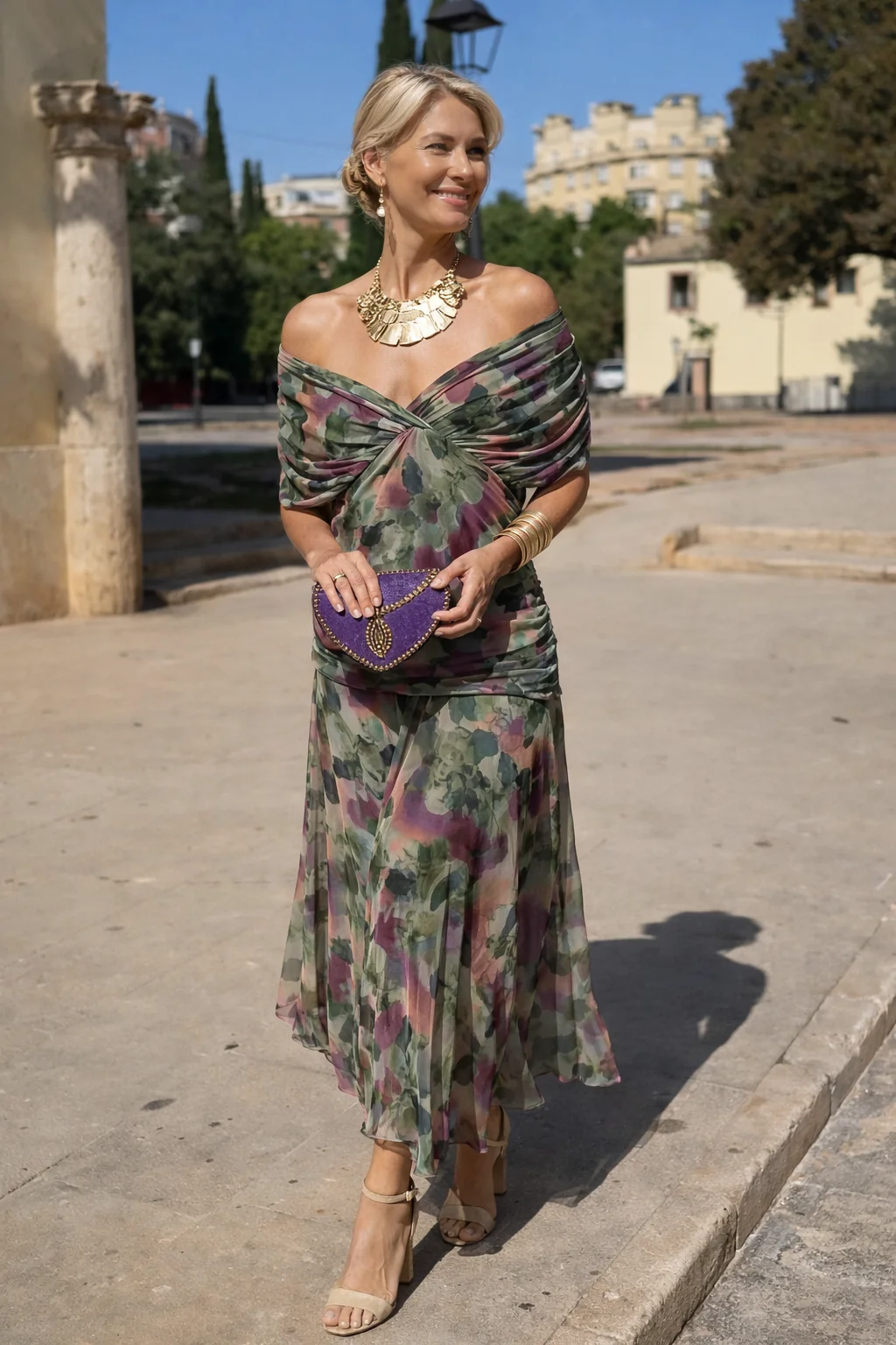 Chiffon Maxi Dress V-Neck Ruched Waist Floaty Sleeves