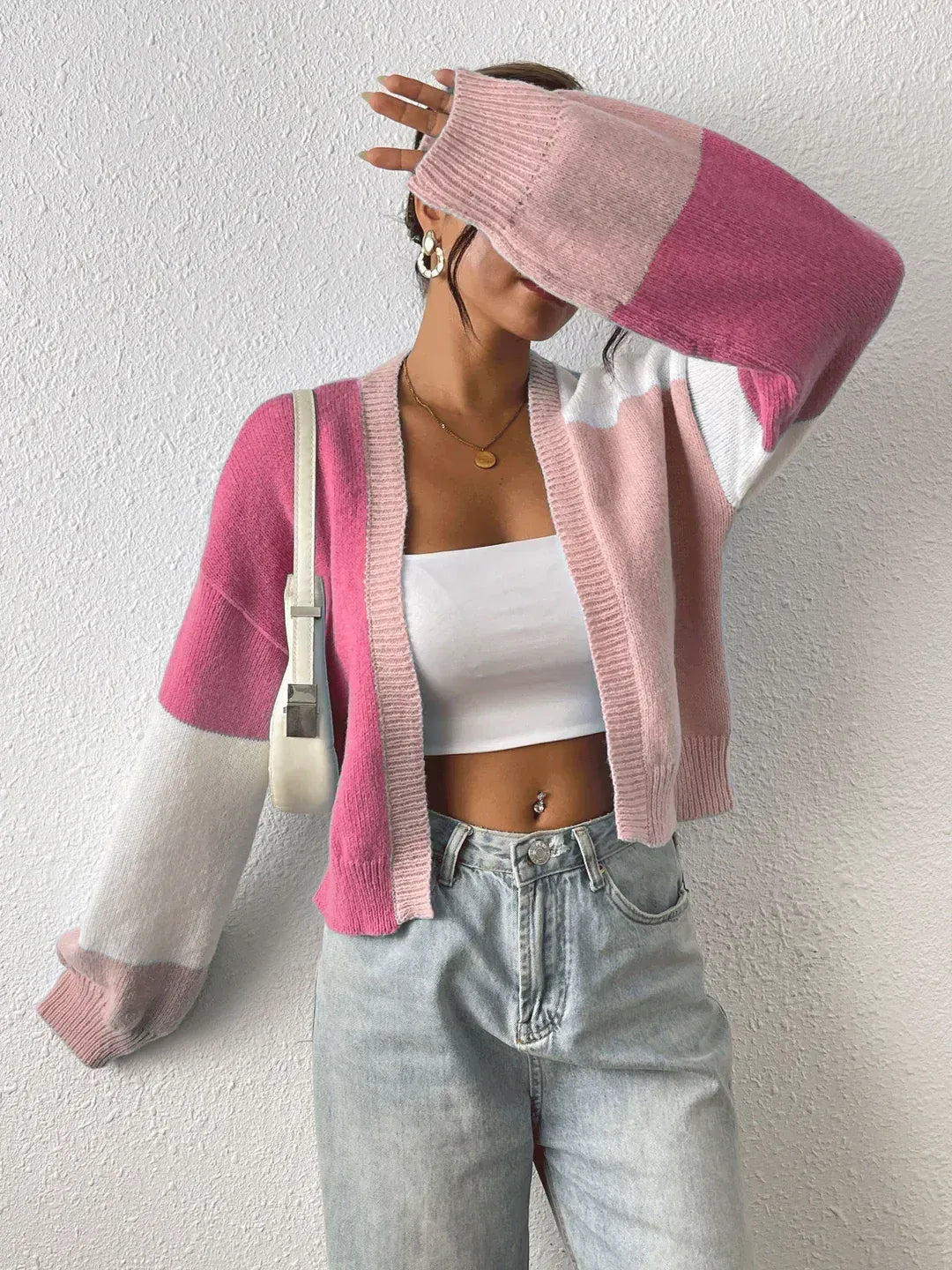 Cropped Colour Block Cardigan Open Front Ribbed Cuffs