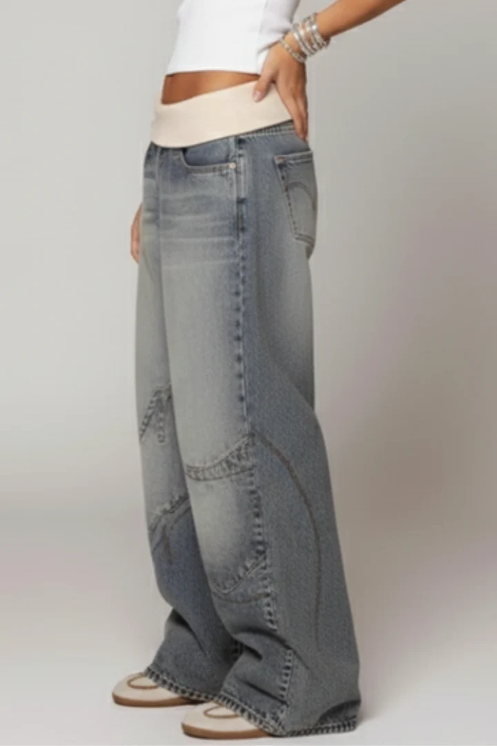 Casual Baggy Wide-Leg Denim Trousers Curved Seam Detail
