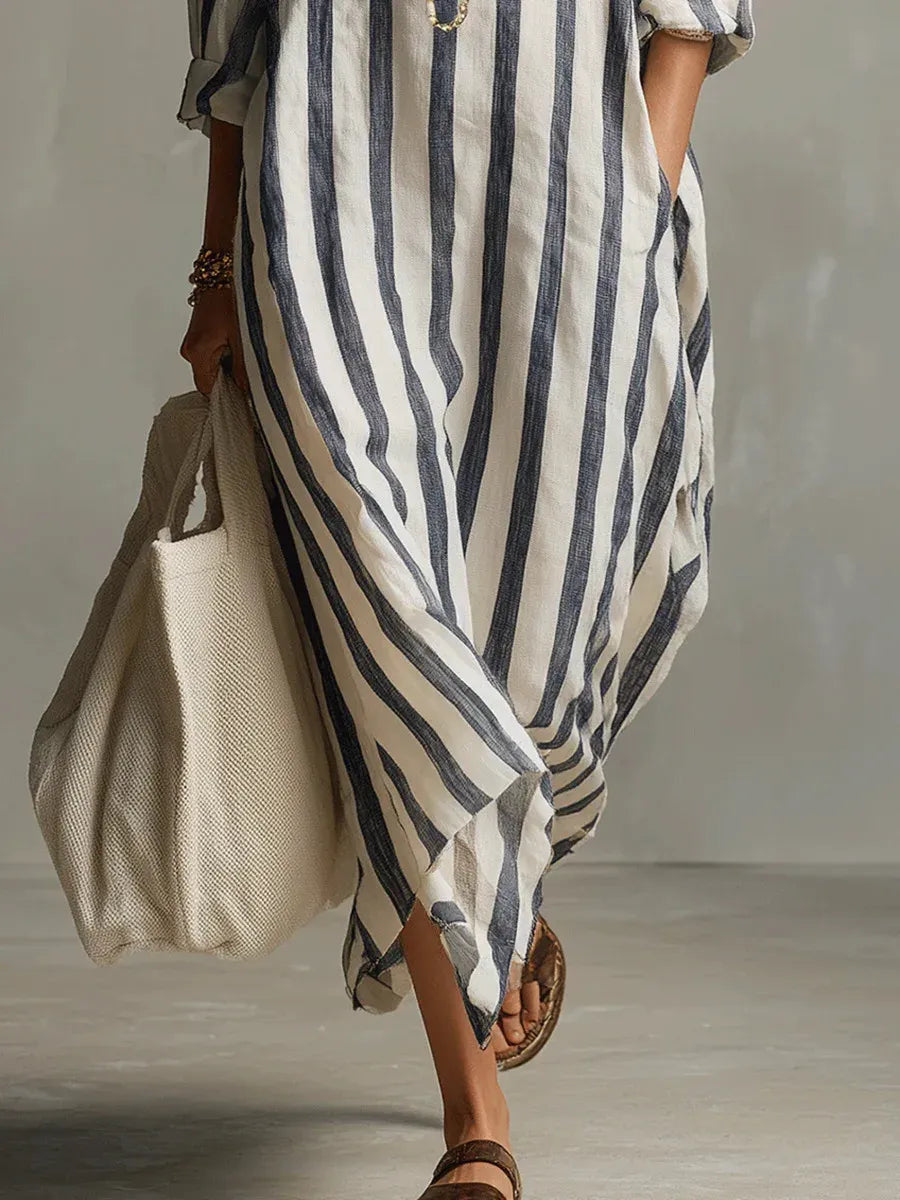 Striped Maxi Shirt Dress Collared V-Neck Roll-Up Sleeves Oversized