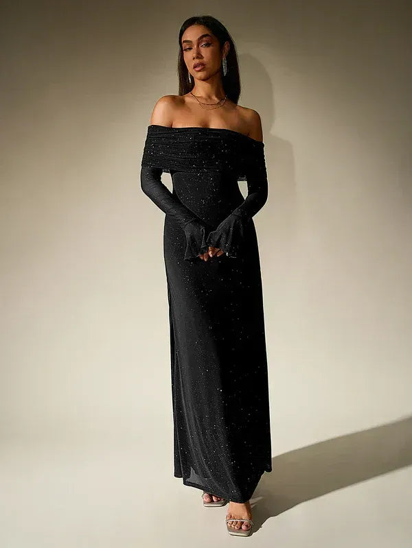 Off-Shoulder Evening Gown Fitted Sheer Sleeves Shimmer Detailing