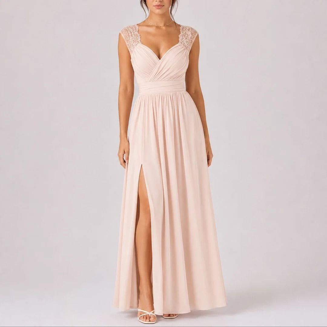 Lace Shoulder Wedding Guest Maxi Dress V-Neck Wrap Ruched Waist