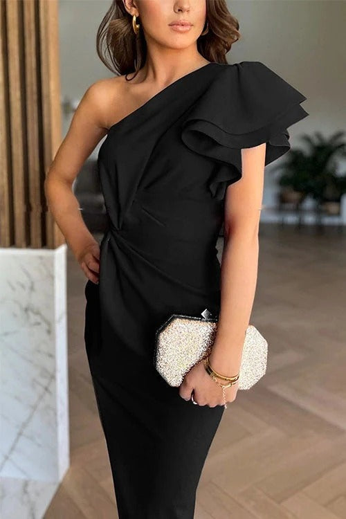 Off-Shoulder Ruffle Sleeve Slit Midi Dress