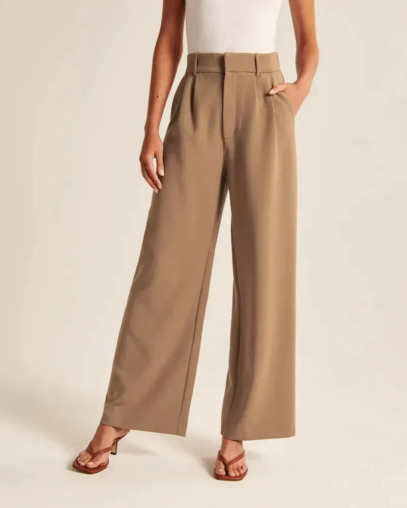 High Waist Wide Leg Tailored Trousers Pleated Front