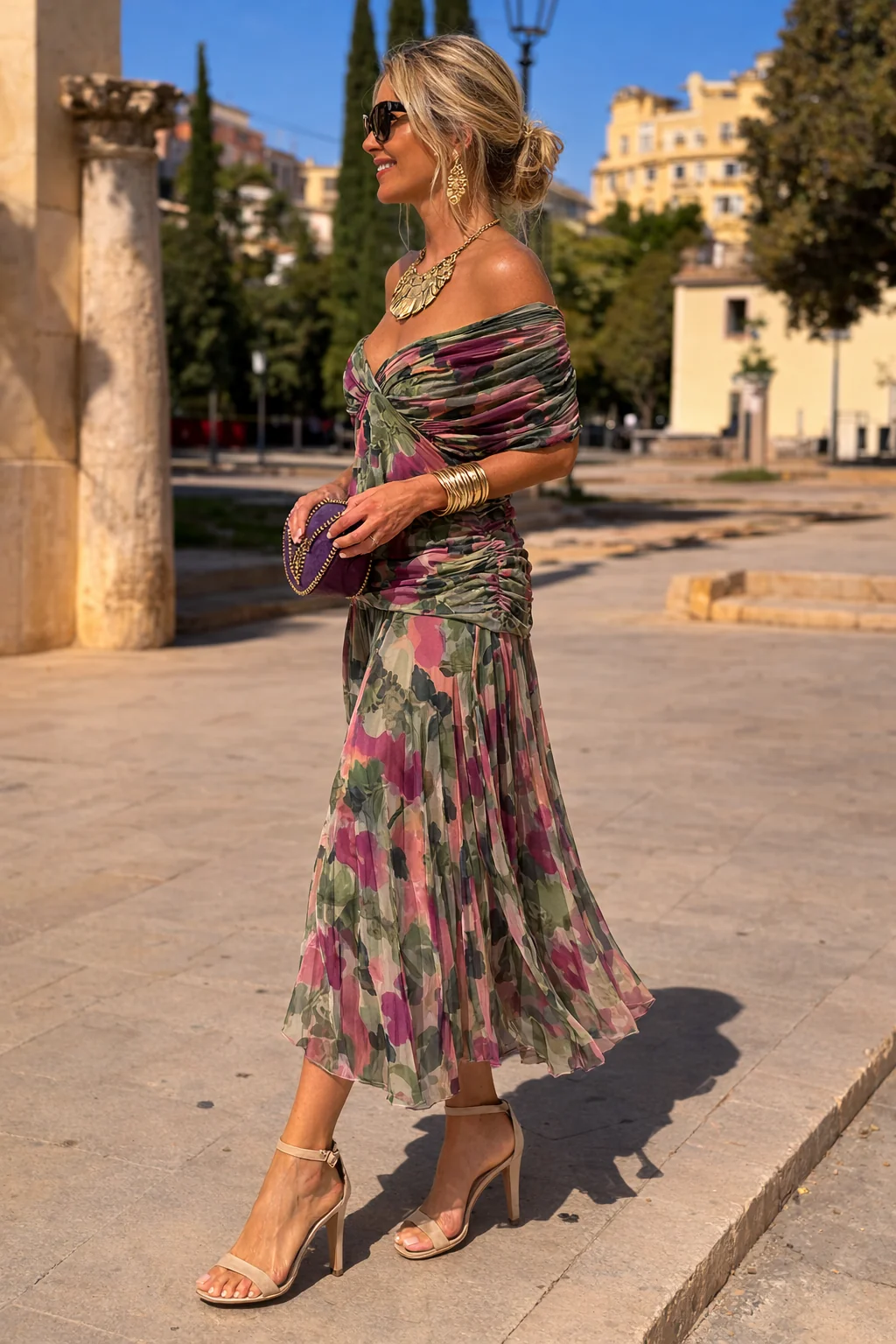 Chiffon Maxi Dress V-Neck Ruched Waist Floaty Sleeves