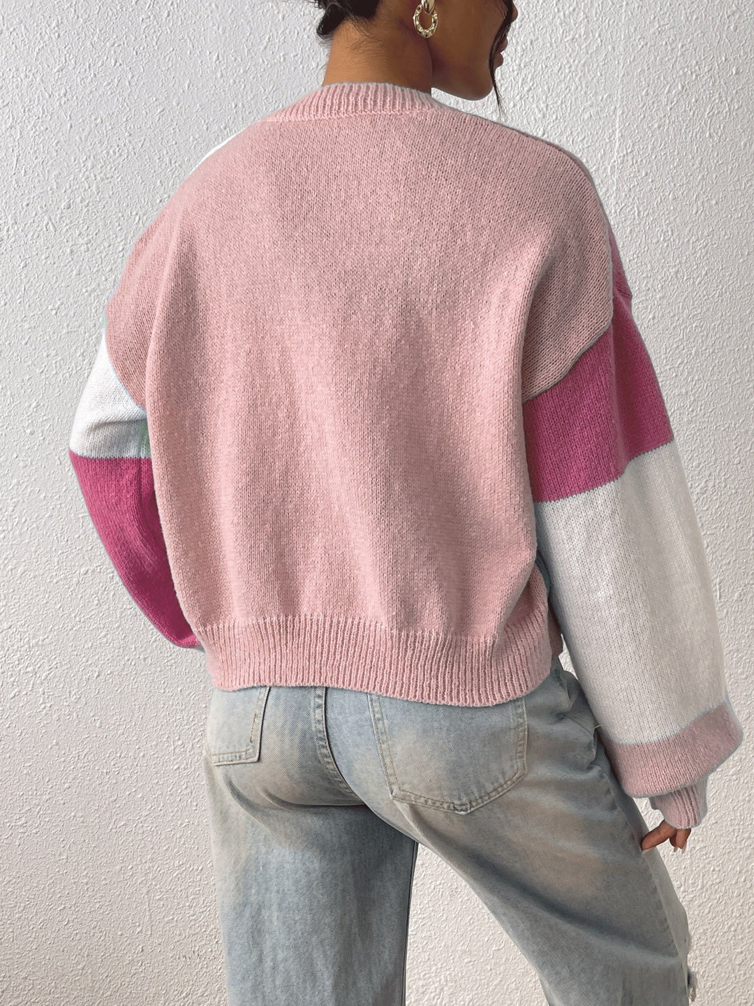 Cropped Colour Block Cardigan Open Front Ribbed Cuffs