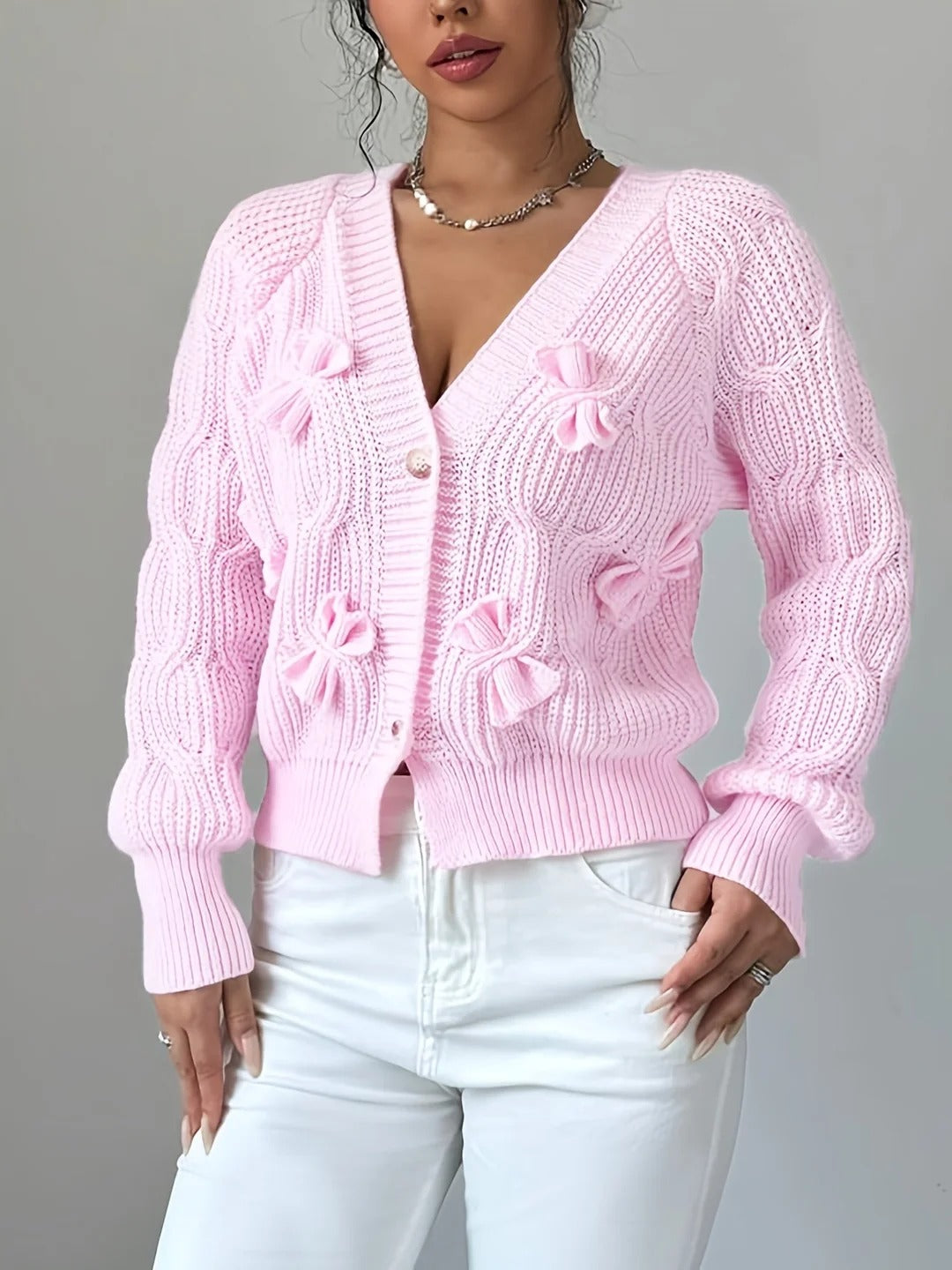 Women's Soft Bow-Detail Long Sleeve Cardigan Cable-Knit
