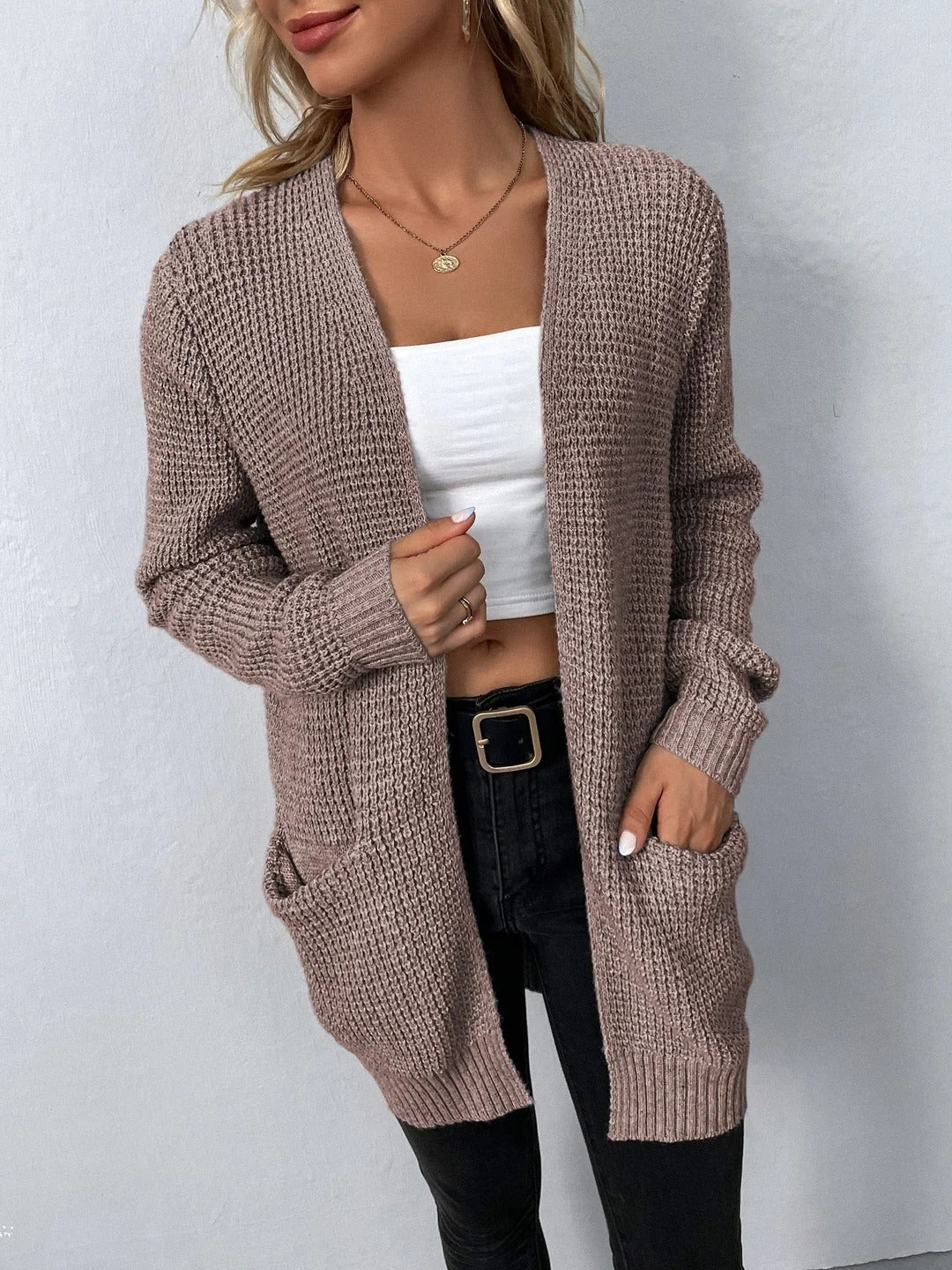 Women's Open Front Knit Cardigan Waffle-Knit Breathable