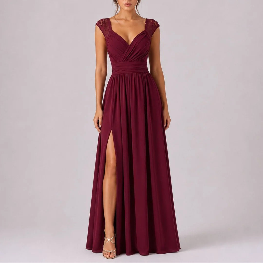 Lace Shoulder Wedding Guest Maxi Dress V-Neck Wrap Ruched Waist